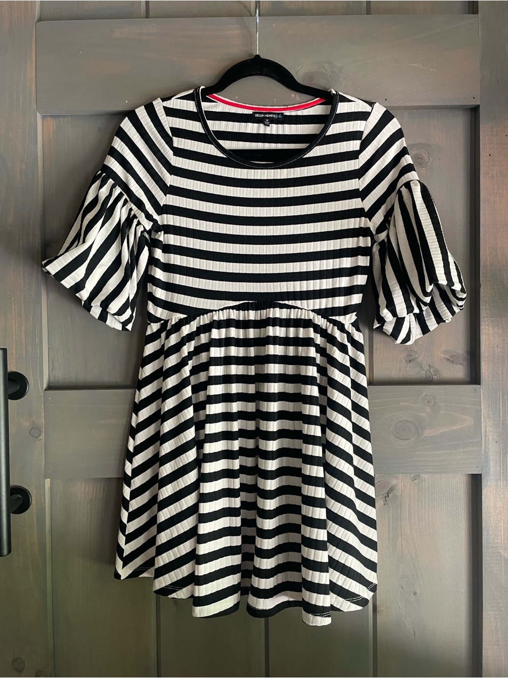 Sequin Hearts Black and White Striped Puff Sleeve Dress